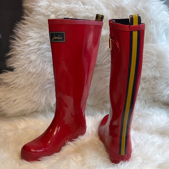 Super RARE Cherry Red JOULES Wellies Rain Boots Knee High Stripe Red Navy - Picture 1 of 11